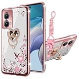 for Motorola Edge 2024 Case for Women Glitter Soft TPU Luxury Crystal Butterfly Heart Floral Protective Cover with Ring Kickstand+Strap Phone Case for Moto Edge 5G 2024 (Rose Gold)