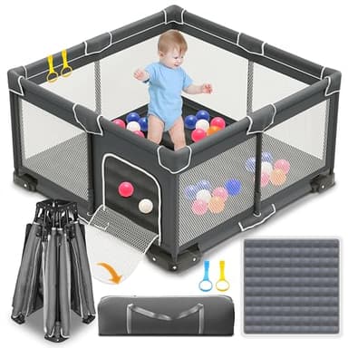 ICAREWAY Foldable Playpen for Babies and Toddlers, 50x50 Inches Portable Playpen, Kids Collapsible Play Pen with 2 Handlers, Indoor & Outdoor Baby Fence Play Area with Visible Mesh, Dark Gray