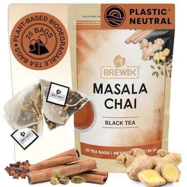 BREWIX, Masala Chai Tea Bags (25 Pyramid Tea Bags) Strong, Robust & Spicy - Pure Ingredients | Black Tea, Cinnamon, Ginger, Black Pepper, Cardamom & Cloves, Packed in Resealable Ziplock Pouch