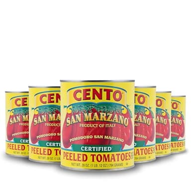 Cento Certified San Marzano Whole Peeled Tomatoes, 28 Oz (Pack of 6), Canned Plum Tomatoes in Thick Puree with Basil, Grown and Processed in Italy