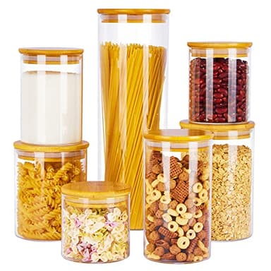 Vtopmart Glass Food Storage Jars, 7 Pack Kitchen Containers with Airtight Bamboo Wooden Lids for Pasta, Cookies, Nuts, Coffee Beans, Cereal, Canisters Set for Flour, Pantry Organization, BPA Free
