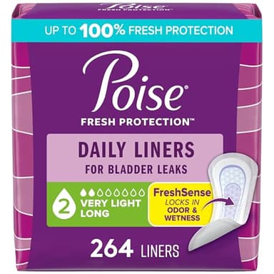 Poise Daily Liners, Incontinence Panty Liners for Bladder Leaks, 2 Drop Very Light Absorbency, Long Length, 264 Count of Pantiliners (6 Packs of 44), Packaging May Vary