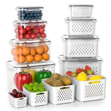 Fruit Storage Containers for Fridge with Removable Colander, 8 Pack Fruit Containers for Fridge with 2 Function Divider Plate, Airtight Storage Container to Keep Berry Fruit Fresh, Dishwasher Safe