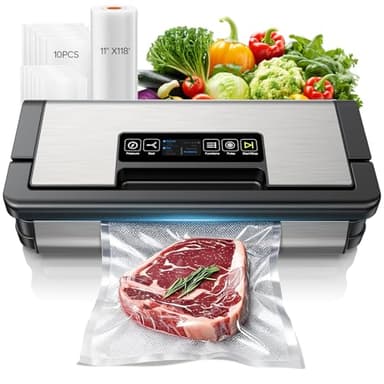 95kPa Vacuum Sealer Machine, Fully Automatic Food Sealer, Touch Display, 10-in-1 Functions & Powerful Sealing System with Double Heat Seal, Easy-Lock Handle, Built-in Cutter(Black Silver)