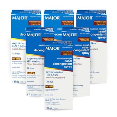 MAJOR Maximum Strength Nasal Decongestant Spray, Oxymetazoline HCl 0.05% Pump Mist, Non-Drowsy Nasal Spray, up to 12-Hour Relief from Nasal Congestion, Colds, and Allergies 1 Fl. Oz. (6-Pack)