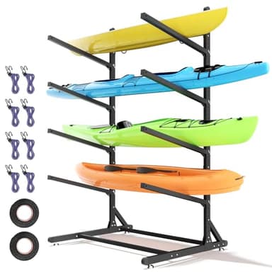 RDCMKL Freestanding Kayak Storage Rack, Heavy Duty Adjustable Stand for Kayaks, SUPs, Paddleboards, Canoes, Weatherproof, Indoor Outdoor, 400 LBS Capacity (4 Levels)
