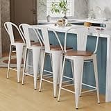 Alunaune 24" Swivel Metal Bar Stools Set of 4 High Back Counter Height Barstools Industrial Dining Bar Chairs with Large Wooden Seat-White