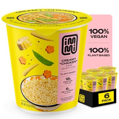 immi Creamy 'Chicken' Ramen Cup Noodles - 18g Plant-Based Protein, 8g Net Carbs, Keto Friendly, High Protein, High Fiber, Ready to Eat, 6 Pack