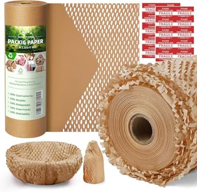 Honeycomb Packing Paper,12 inch x 200 ft Bubble Cushioning Wrap for Packing Moving,Products Gifts Wrapping Paper,Recyclable and Biodegradable Shipping Packing Materials with 20 Fragile Sticker Labels