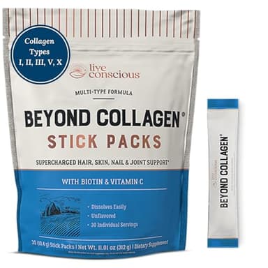 Live Conscious Beyond Collagen Peptides Powder Unflavored Packets - Hydrolyzed Collagen Powder - Hair Skin Nail & Joint Support - Multi Type Collagen Supplements for Women & Men
