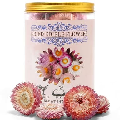 90+ Food Grade Pink Flowers for Cake and Cocktails Decorating – Culinary-Grade Dried Pink & White Strawflowers for Garnish, Baking, and Drink Toppers