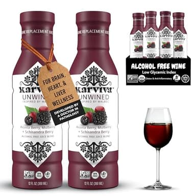 Awards-Winning Non-Alcoholic Wine Alternative – Low-Sugar Organic Malbec with Herbal Anti-Inflammatory Blend, Sulfite-Free, Perfect for Mocktails & Cocktails (4 BPA-Free Bottles, 12 oz Each)
