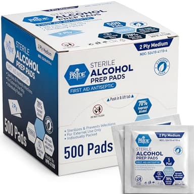 MED PRIDE Alcohol Prep Pads, Medical-Grade, Sterile, Individually-Wrapped, Medium Square Size, 2ply (500 Count (Pack of 1))