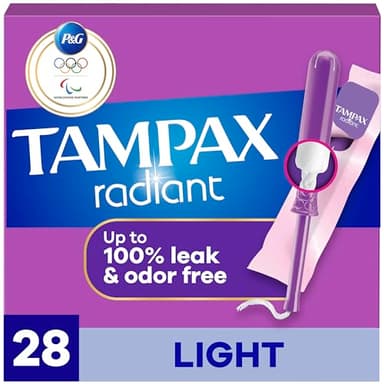 Tampax Radiant Tampons Light Absorbency with BPA-Free Plastic Applicator and LeakGuard Braid, Unscented, 28 Count
