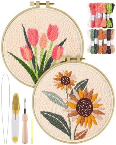 ERKOON Punch Needle Kit Adults Beginners, 2 Pcs DIY Easy Flower Embroidery Set for Starter Art Craft, Needling Punching Project with Patterns, Tools, Yarns, Hoop, Instruction (Sunflowers & Tulips)
