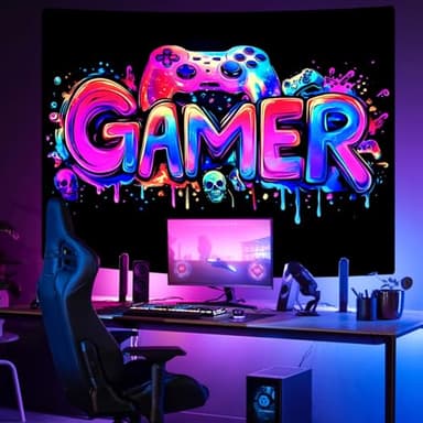 SparkLia Gamer Gaming Tapestry, Blacklight Game Controller Horror Skull Wall Hanging, UV Reactive Skeleton Glow in the Dark Wall Decor for Bedroom, Living Room - 30" x 40"