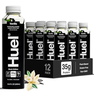 Huel Black Edition Ready-to-Drink | Vanilla Meal Replacement Shake | 35g High Protein Drink | 27 Vitamins & Minerals, Vegan, Gluten Free | Plant Based | High Fiber, Low Sugar | 16.9 Fl Oz, 12 Pack