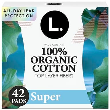 L. Ultra Thin Pads for Women, Organic Cotton Top Layer, Super Absorbency, Menstrual Pads with Wings, Made Without Synthetic Pesticides and Fragrances, 42 Count