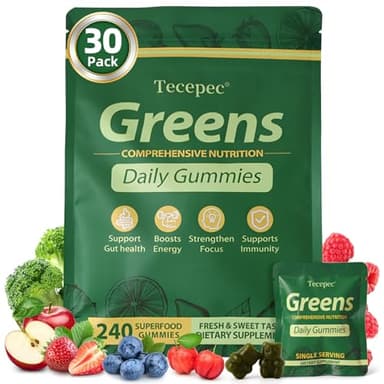Greens Daily Gummies, Superfood Fruits and Veggies Blend with Spirulina, Chlorella, Prebiotics & Fiber, Adaptogens Multivitamin Supplement for Women & Men Digestive Health, Non-GMO, 240 Count