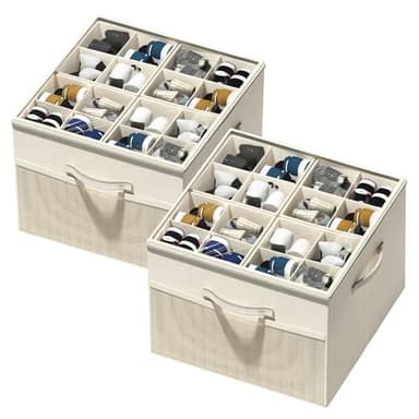 Aokeyee Shoe Organizer for Closet,2 Pack Foldable Shoe Storage Organizer Box Bin with Adjustable Dividers and Clear Cover, Fits up to 16-32 Pairs