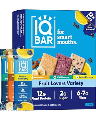 IQBAR Clean Plant Protein Bars - Fruit Lovers Variety Pack - 12 Count - Keto, Vegan, High Fiber, Gluten and Dairy Free, Low Sugar Snack - Brain and Body Nutrients for Focus, Energy, Meal Replacement