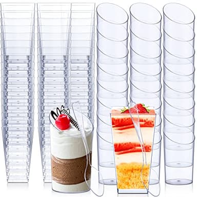 Nuogo 200 Pcs Mini Dessert Cups with Spoons 3 oz Square and 2.5 oz Slanted Round Small Clear Plastic Parfait Appetizer Mousse Pudding Cups for Wedding Birthday Party (Transparent Color)