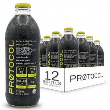 Organic Energy Drink with L-Theanine, 130mg Organic Nootropic Caffeine – No Artificial Sweeteners, No Sucralose – Healthy Clean Energy, Citrus Flavor – 12 Pack (12oz Glass Bottles)