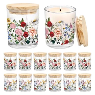 Whaline 12Pcs Wildflower Empty Candle Jar with Wooden Lid 7 oz Spring Floral Glass Candle Container for Candles Making Storing Kitchen Table Centerpiece Decoration
