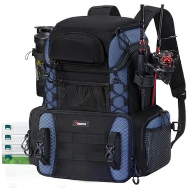 Piscifun Fishing Tackle Backpack with Rod Holders & 4 Tackle Boxes, Outdoor Fishing Bag with Waterproof Rain Cover Black