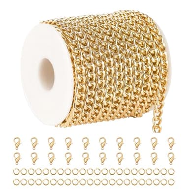 UMAOKANG 33 Feet Gold Plated Curb Chain for Jewelry Making Aluminum Necklace Chains Bulk Twisted Curb Link Chain Roll with Jump Rings and Lobster Clasps