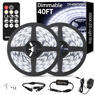 JNGMAIR 40ft LED Strip Lights with Remote, 6500K Daylight White Dimmable Tape Lights, 12V 720 LEDs 2835 Strong Adhesive Rope Lights for Cabinet Kitchen Ceiling Closet Vanity Mirror Stairway Basement