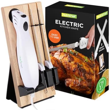 NutriChef Electric Carving Turkey Slicer Kitchen Knife | For Thanksgiving | Portable Electrical Food Cutter Knife Set with Carve Blades & Wood Stand | Cuts Meat, Bread, Cheese & Fruit | White