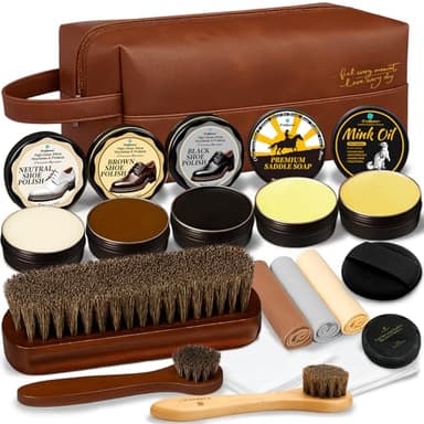 Shoe Care Kit – 16-in-1 Leather Shoe Polish, Cleaning & Conditioning Kit with Saddle Soap & Mink Oil – Black/Brown/Neutral Shoe Polish, 3 Horsehair Brushes – Luxury Leather Bag – Gift for Men & Women