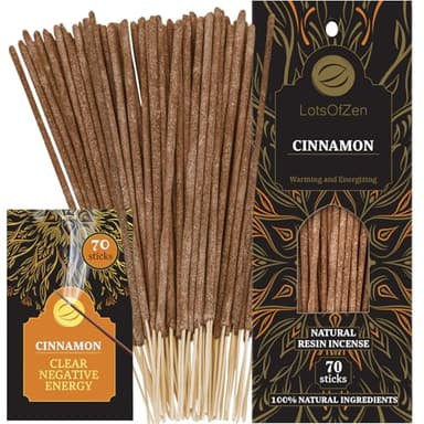 LOTS OF ZEN Cinnamon Incense Sticks, 70 Pack – Hand-Rolled, 8-Inch, Long-Burning – Natural Warm Sweet Aroma for Meditation, Yoga, Relaxation, Spiritual Practices