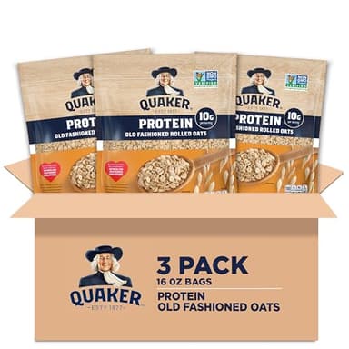 Quaker Protein Old Fashioned Rolled Oats, 10g Protein per Serving, Whole Grains, No Preservatives, No Artificial Flavors, 16 oz Bag (Pack of 3)