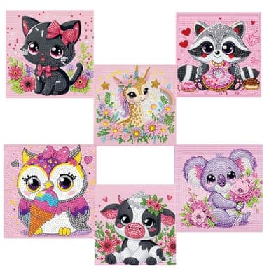 CSZPPQAF 6 Pack 5D Diamond Painting Kits for Kids Beginners, Animal Cute Diamond Art for Kids Ages 6-8-9-10-12 Girls Boys, Full Round Drill DIY Big Gem Art for Home Wall Art Decor 6x6inch