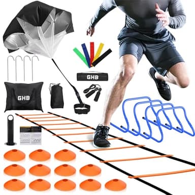 GHB Agility Ladder,Football Training Equipment Set,4 Agility Hurdles, 20 feet12 Rungs Speed Ladder,12 Disc Cones,Resistance Parachute, Jump Rope, 4 Resistance Bands (Orange)