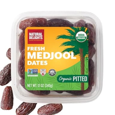 Natural Delights Medjool Dates - Jumbo USDA Certified Organic Pitted Dates Medjool, Non-GMO Verified, Good Source of Fiber, Naturally Sweet Fruit Snack, Perfect for On-the-Go - Organic Medjool Dates Pitted, 12 oz Container