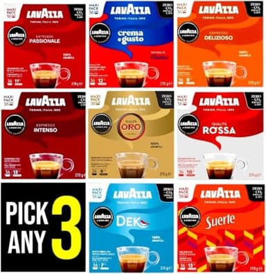 Lavazza A Modo Mio Coffee Pods PICK ANY 3 from 5+ Flavours Inc. Crema e Gusto Classico, Delizioso, Intenso, Passionale and Rossa. (Total 3 Pack, 108 Capsules)