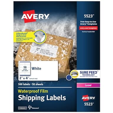 Avery Waterproof Labels with UltraHold Permanent Adhesive, 2" x 4", 500 Labels for Laser Printers (5523)