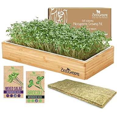 Self-Watering Microgreens Growing Kit – Easiest Way to Grow Fresh Microgreens at Home. Includes Reusable Tray, Organic Seeds, Grow Mats & Stylish Bamboo Frame – No Soil, No Mess (Salad & Broccoli)