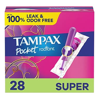 Tampax Compact Radiant Tampons for Women, with LeakGuard Braid & Extendable Applicator, Super Absorbency, Unscented, 84 Count (3 Packs of 28)