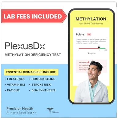 PlexusDx Methylation Deficiency Test Kit | Folate, Vitamin B9, Vitamin B12, Homocysteine | MTHFR Supplement Biomarkers to Determine Need for Methylated Multivitamin, Methylated B12 and Methylfolate.
