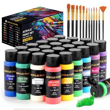 TMOL Acrylic Paint Set, 24 Colors (2 oz/Bottle) with 12 Art Brushes, Art Supplies for Painting Canvas, Wood, Ceramic & Fabric, Rich Pigments Lasting Quality for Beginners, Students & Professional Artist
