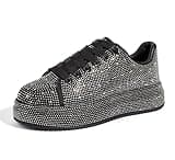 LUCKY STEP Rhinestone Sneakers for Women Platform Sparkly Glitter Bling Tennis Shoes Fashion Bedazzled Wedding Bridal Party Walking Sneakers(Black Rhinestone,10)