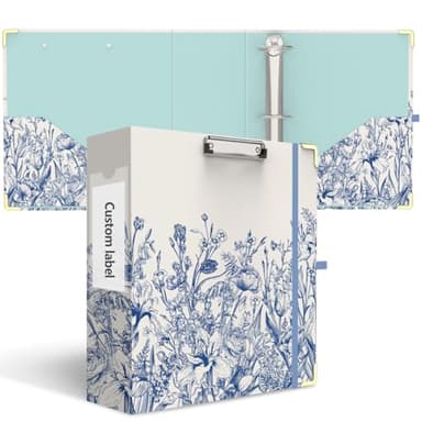 3 Ring Binder 3 Inch, Cute Hardcover Low Profile Clipboard with Storage, 3'' Round Ring Binders for Letter Size Paper, Durable Binder Organizer for School Office Supplies(Vintage Blue Florals)
