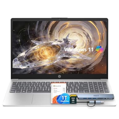 HP 15.6" Laptop – Complete Productivity Solution, Windows 11 With Microsoft Office, Intel 4 Core N100, 8GB RAM, 1.6TB Storage (128GB UFS + 512GB SD Card+1TB OneDrive), Copilot AI, Lightweight – Silver