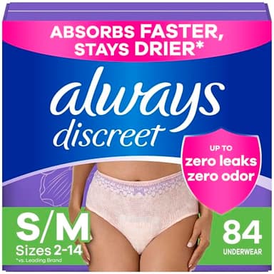 Always Discreet Adult Incontinence Underwear for Women and Postpartum Underwear, Small/Medium, Up to 100% Bladder Leak Protection, 84 Count (2 Packs of 42)