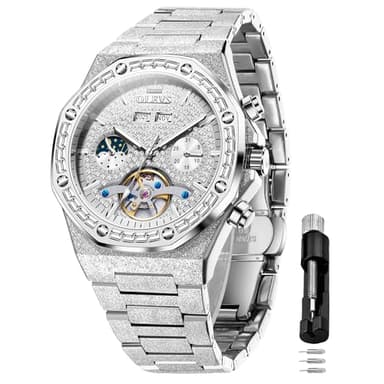 OLEVS Automatic Watch for Men 44MM Large Dial Frosted Silver Octagon Self-Winding Diamond Waterproof Stainless Steel Wrist Watches Tourbillon Skeleton Mechanical
