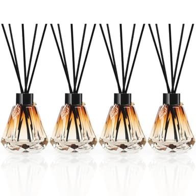 Reed Diffuser Set - 4 Empty Bottles with 20 Sticks, Delicate Gold Leaf Decor, Glass Fragrance Diffuser with Lids for Home, Bathroom | Refillable, Diamond Style Black